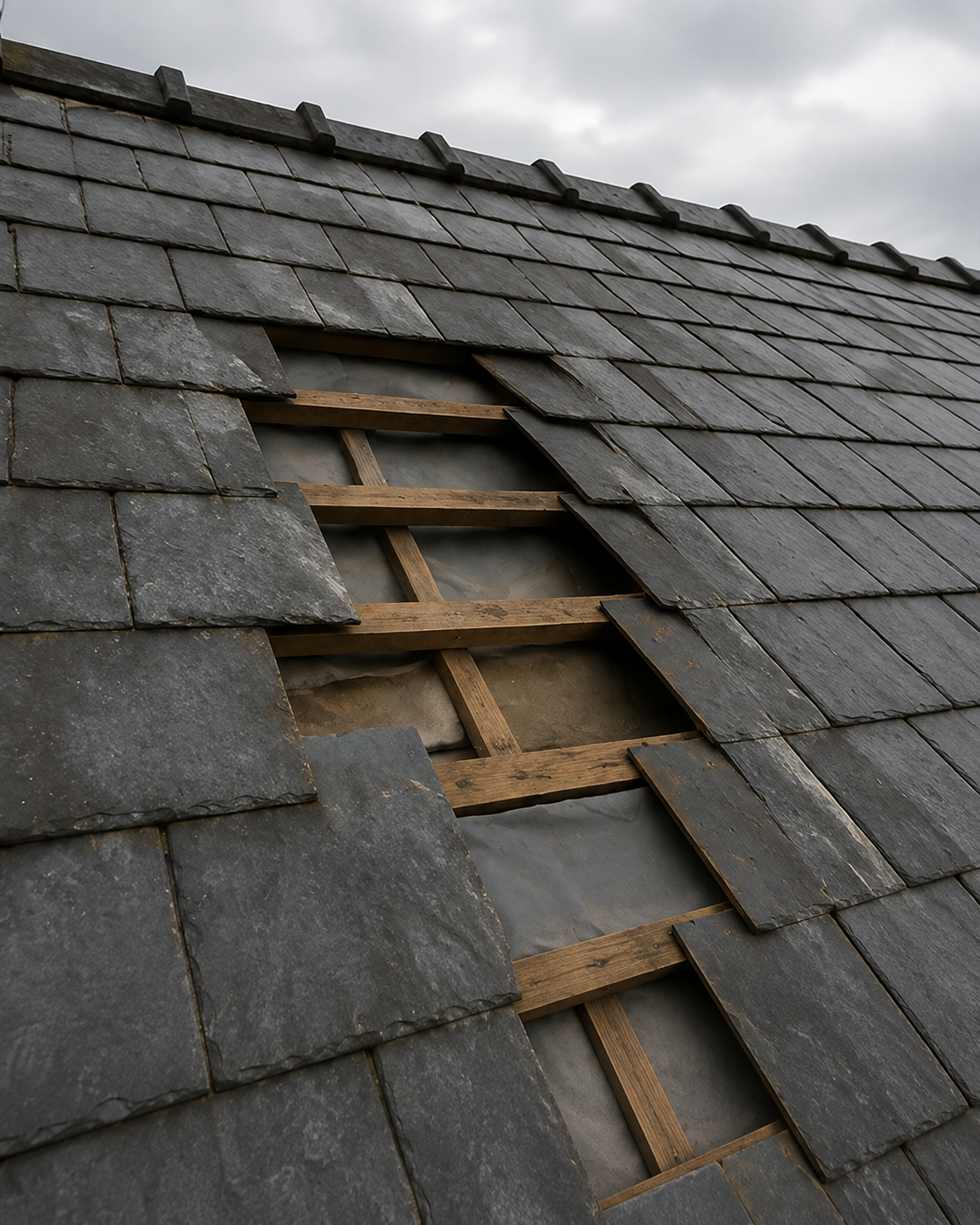 A roofer replacing slipped slates on a Victorian terrace