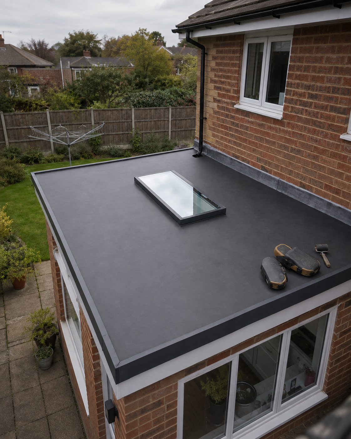A newly laid EPDM flat roof on a rear extension