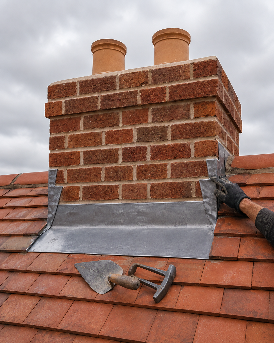 Fresh lead flashing dressed around a repointed brick chimney