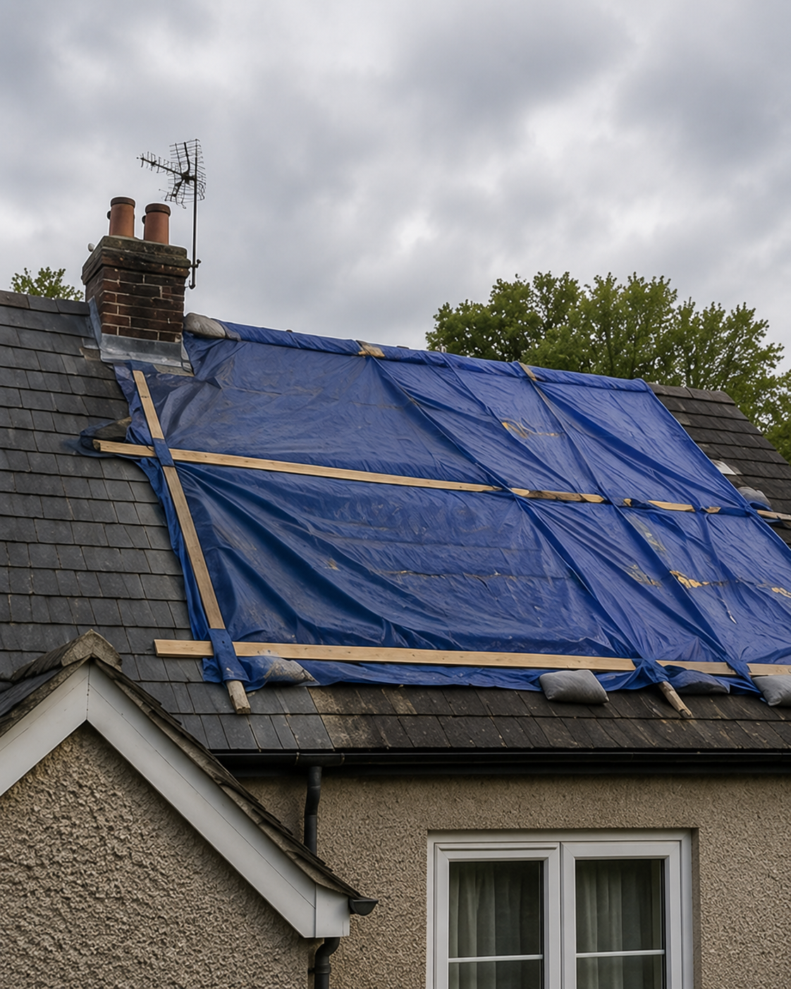 A roof made safe with temporary covering after storm damage